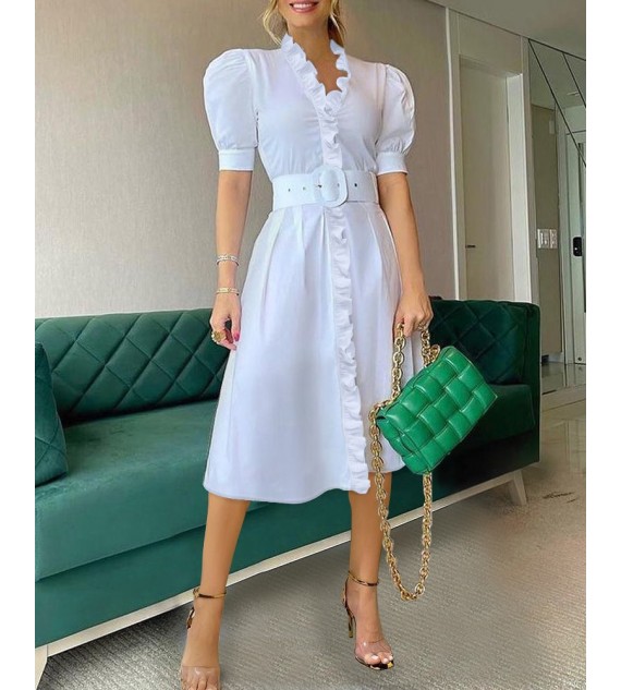 Puff Sleeve Frill Hem Casual Dress With Belt