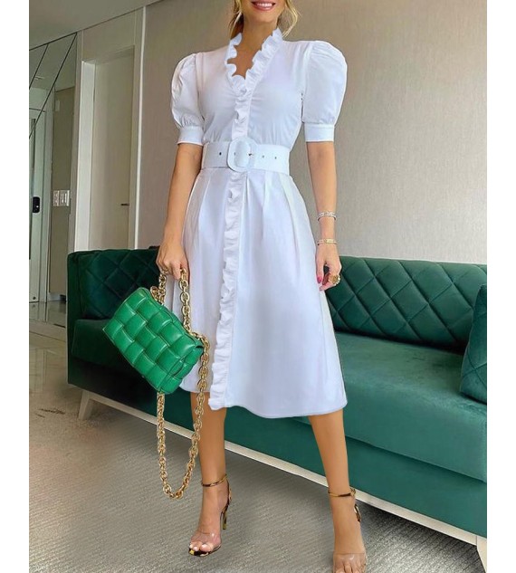 Puff Sleeve Frill Hem Casual Dress With Belt