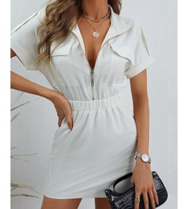 Pocket Zipper Design Short Sleeve Casual Dress