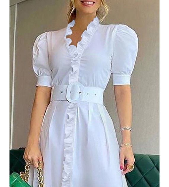 Puff Sleeve Frill Hem Casual Dress With Belt